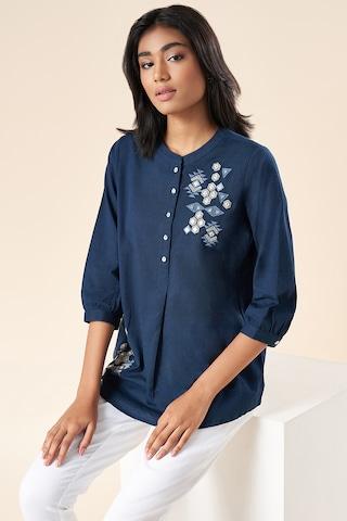 navy embroidered casual 3/4th sleeves mandarin women regular fit  tunic