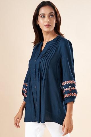 navy embroidered casual 3/4th sleeves mandarin women regular fit  tunic