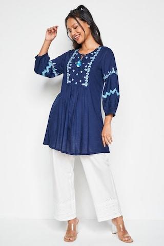 navy embroidered casual 3/4th sleeves tie-up neck women regular fit tunic