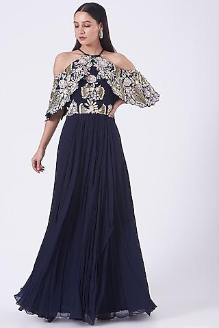 navy embroidered gown for girls