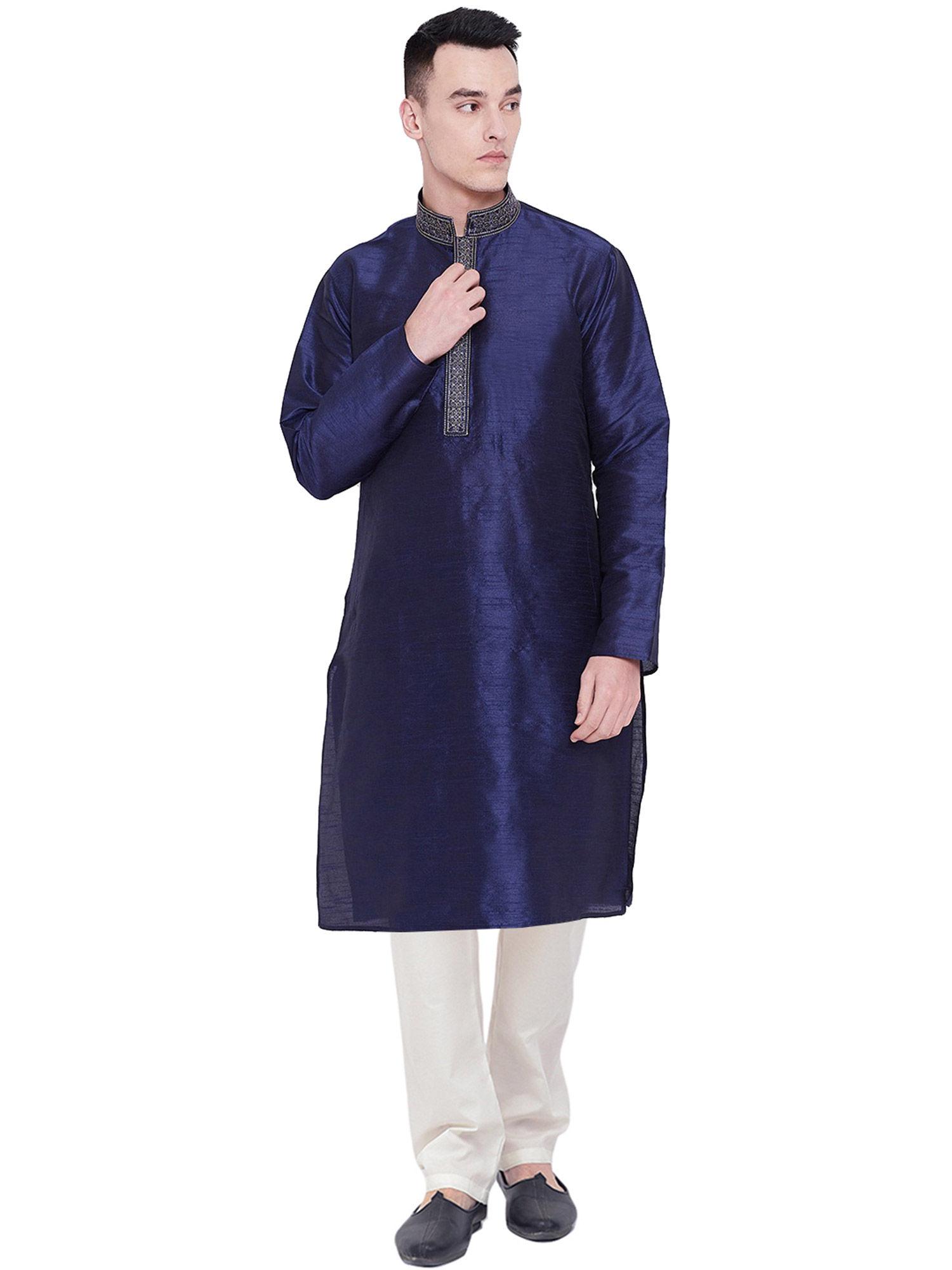 navy embroidered kurta for men (set of 2)