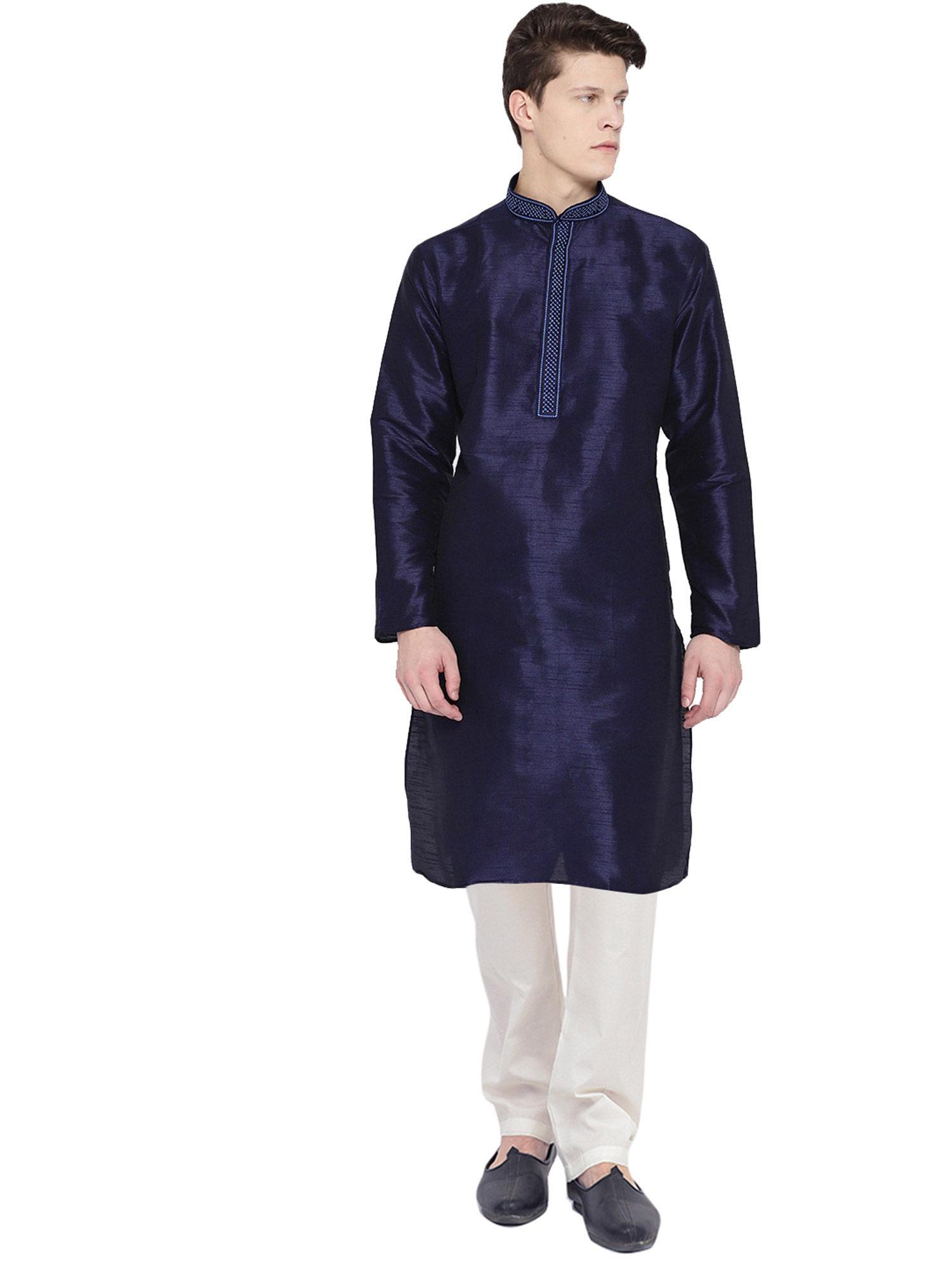 navy embroidered kurta for men (set of 2)