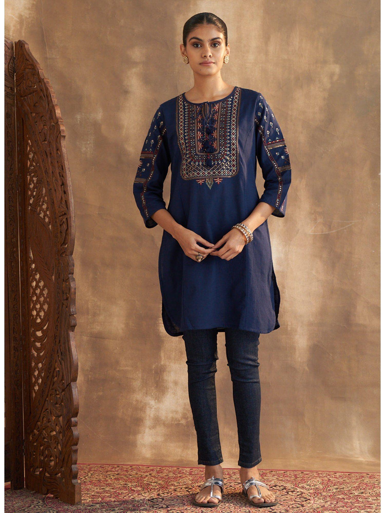 navy embroidered kurti with ethnic motifs