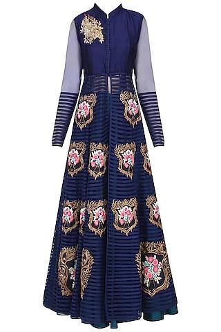 navy embroidered long jacket with teal skirt