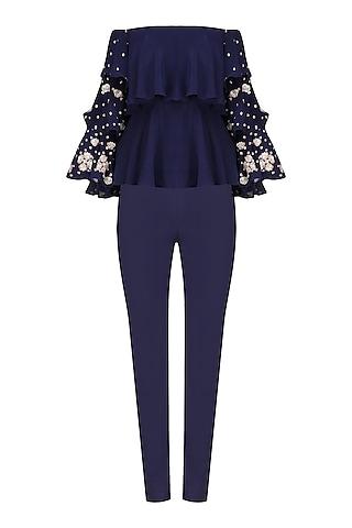 navy embroidered off shoulder top with pants and embellished choker