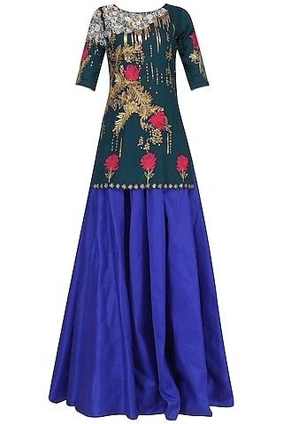 navy embroidered short kurta with lehenga set