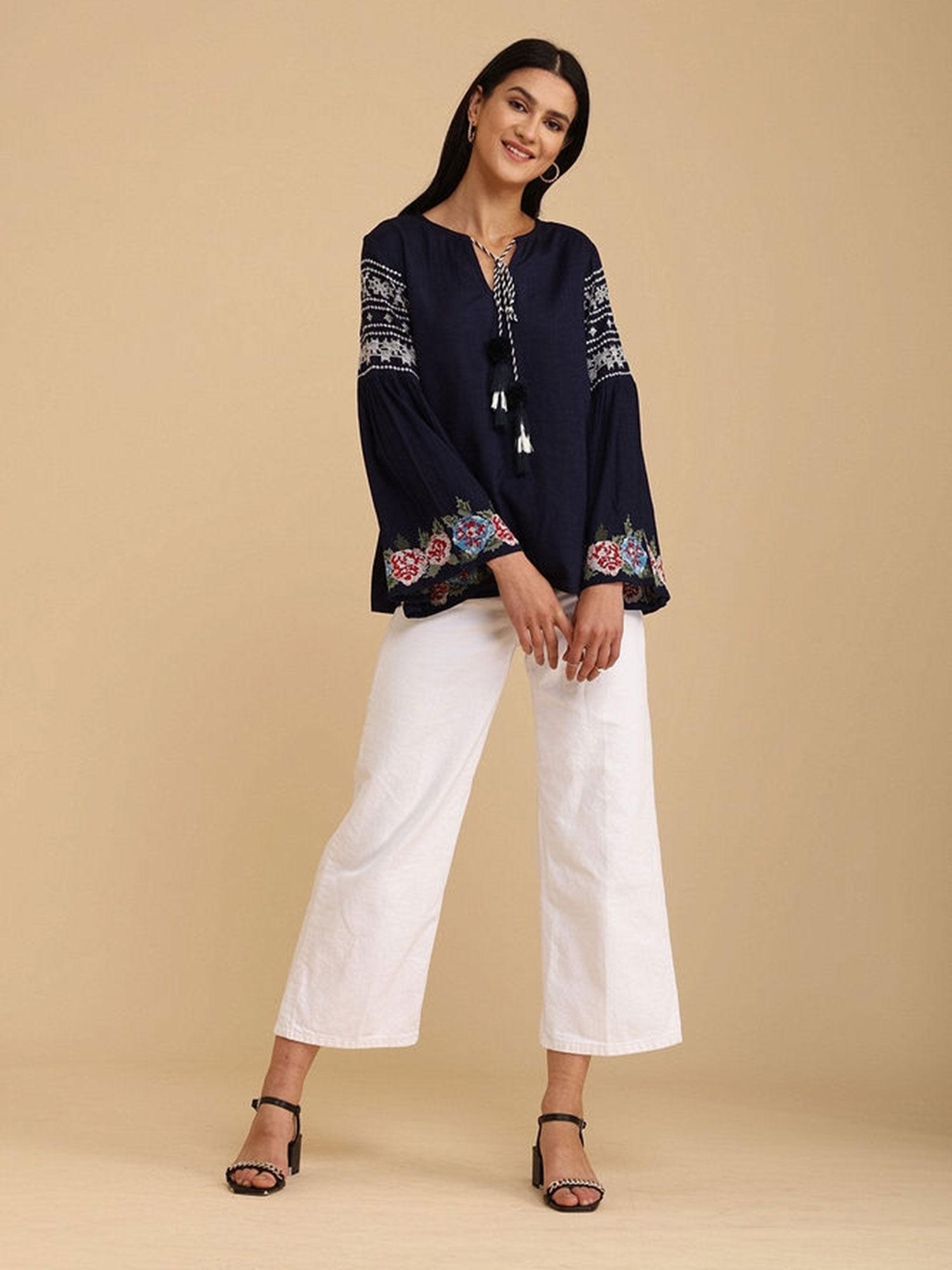 navy enchanted floral embroidered blouse