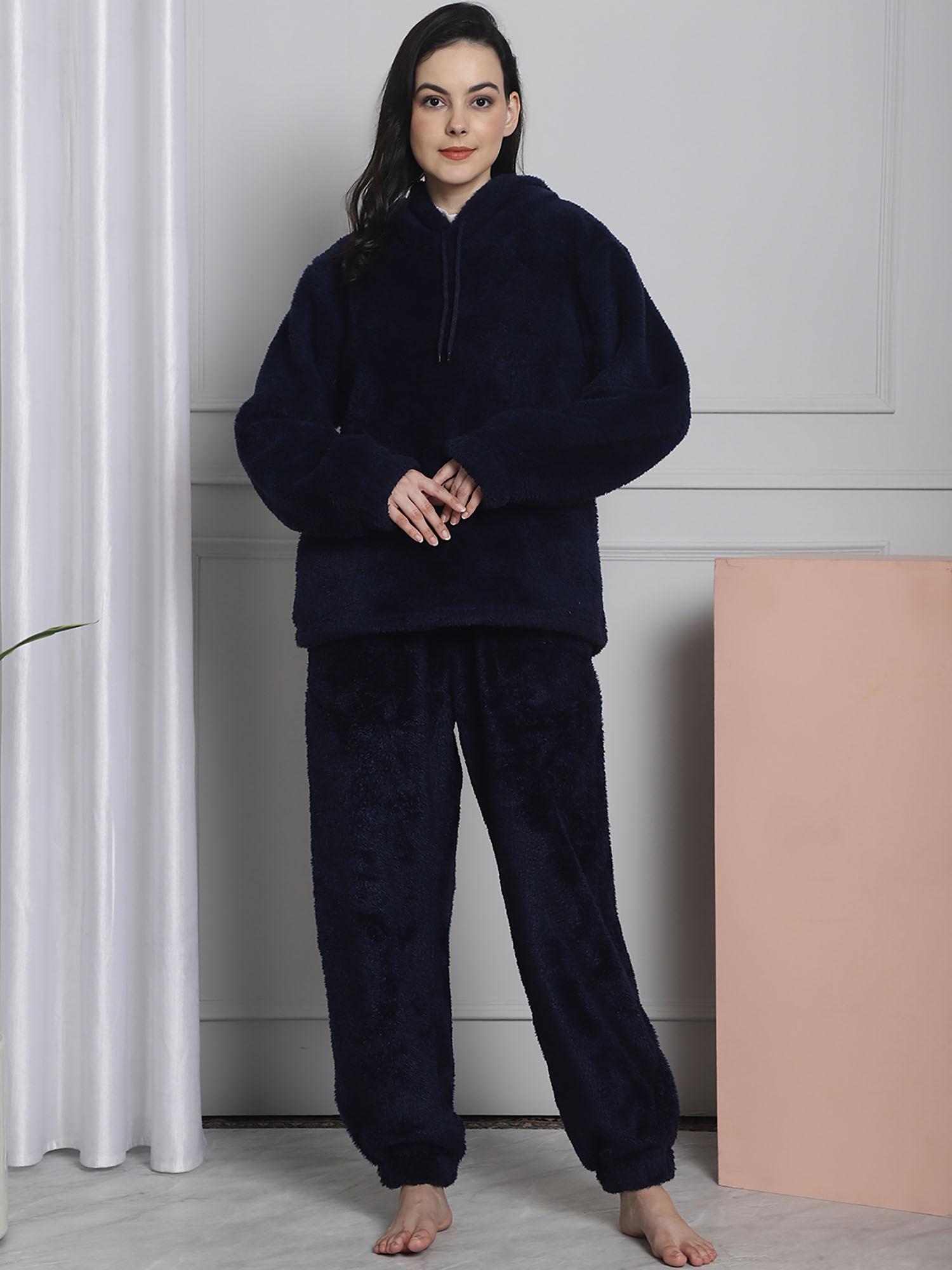 navy faux fur winter night suit (set of 2)