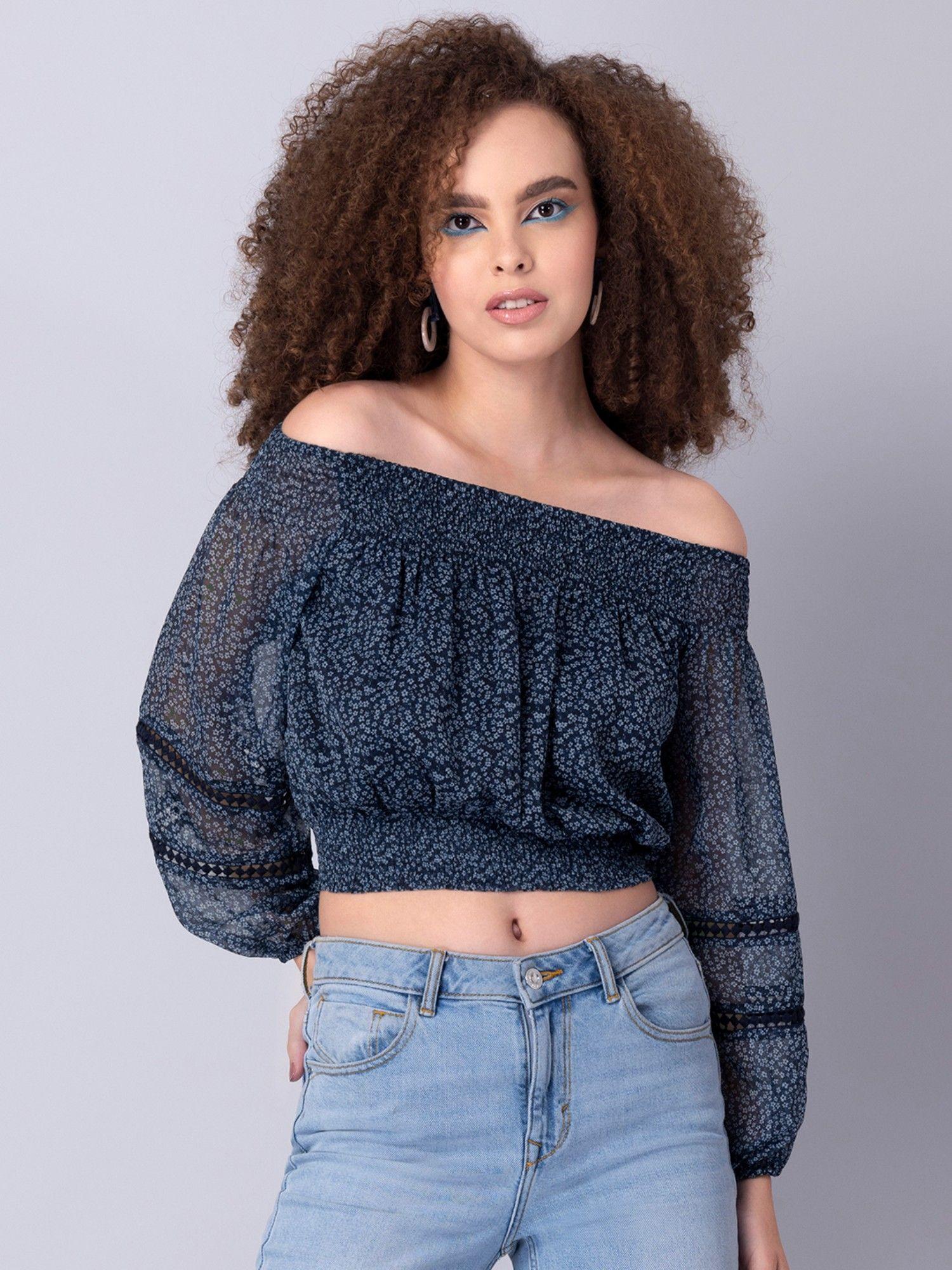 navy floral bardot trim smocked crop top