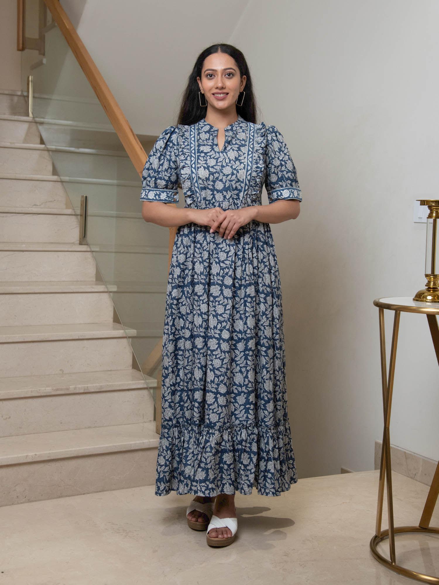 navy floral jaal block printed dress