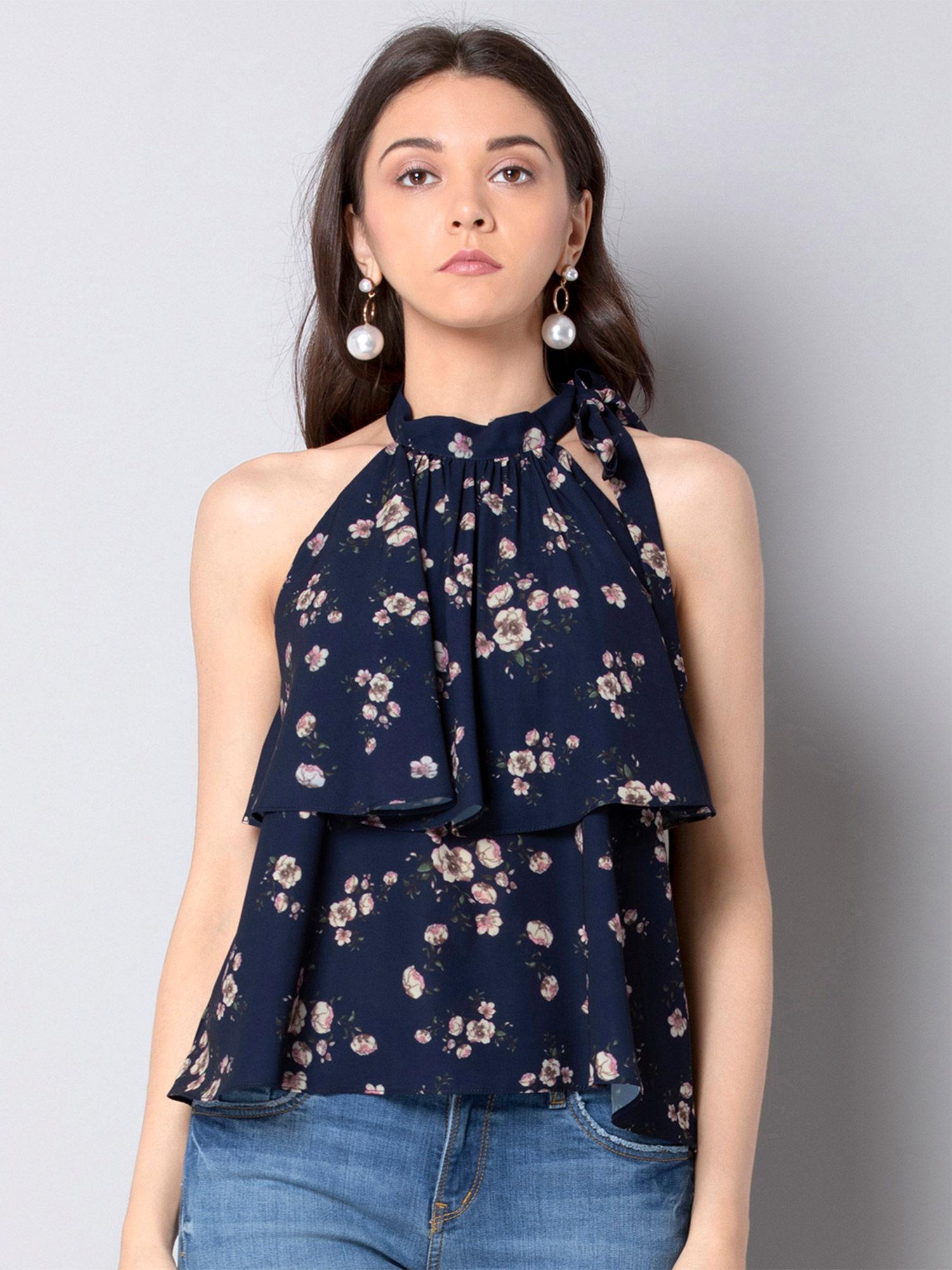 navy floral layered halter top