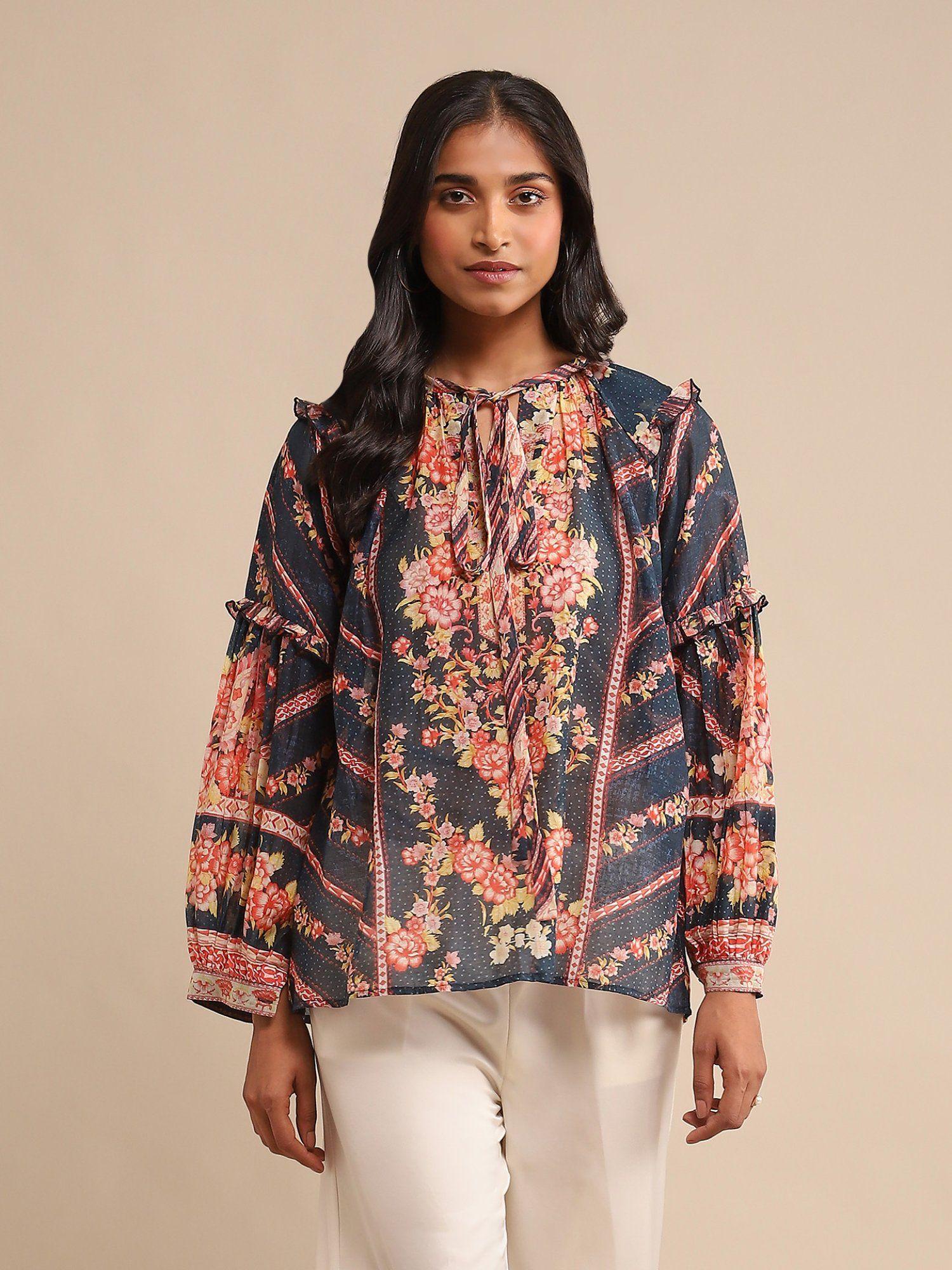 navy floral print viscose silk kurti