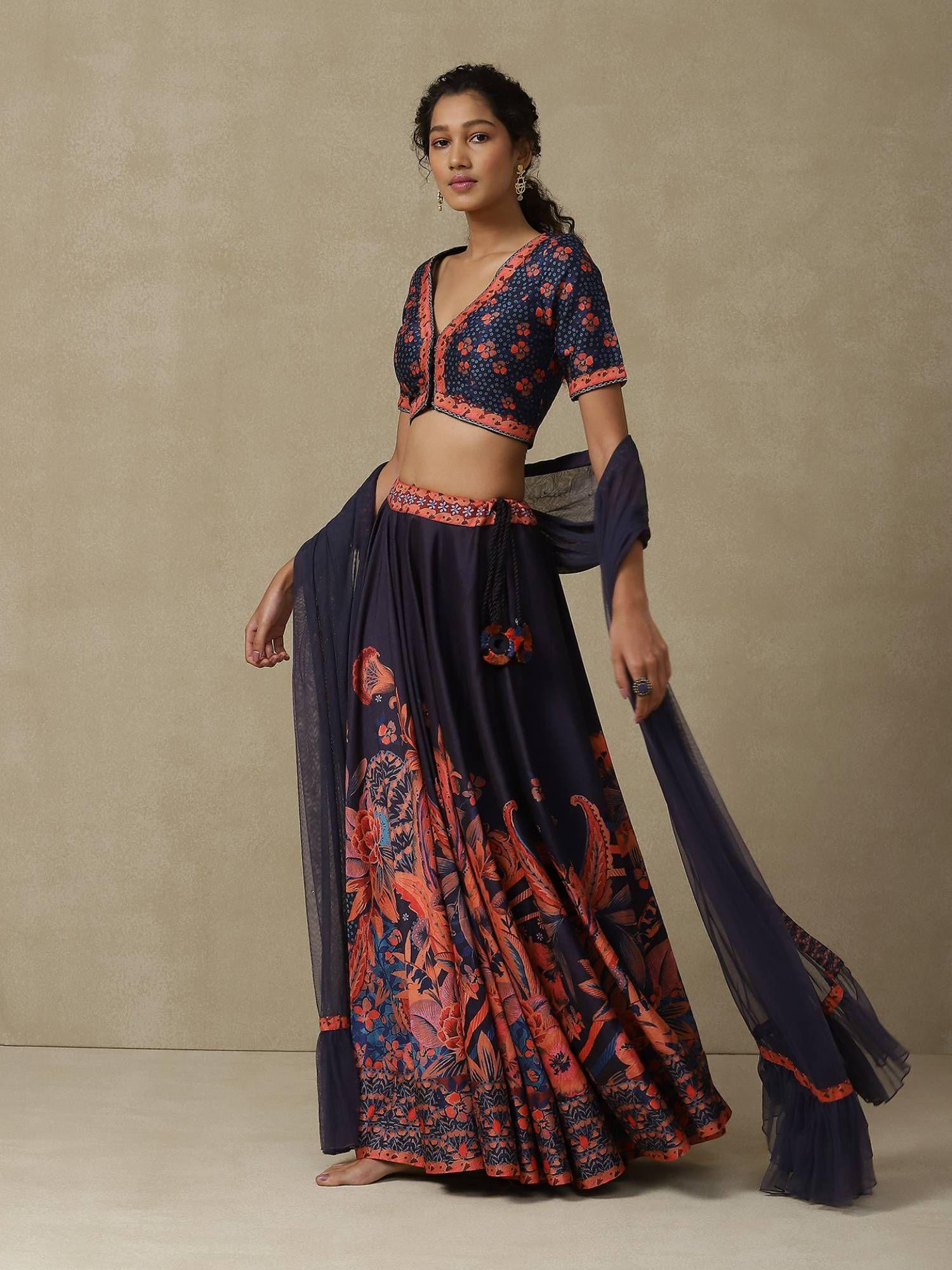 navy floral printed lehenga with blouse and dupatta (set of 3)