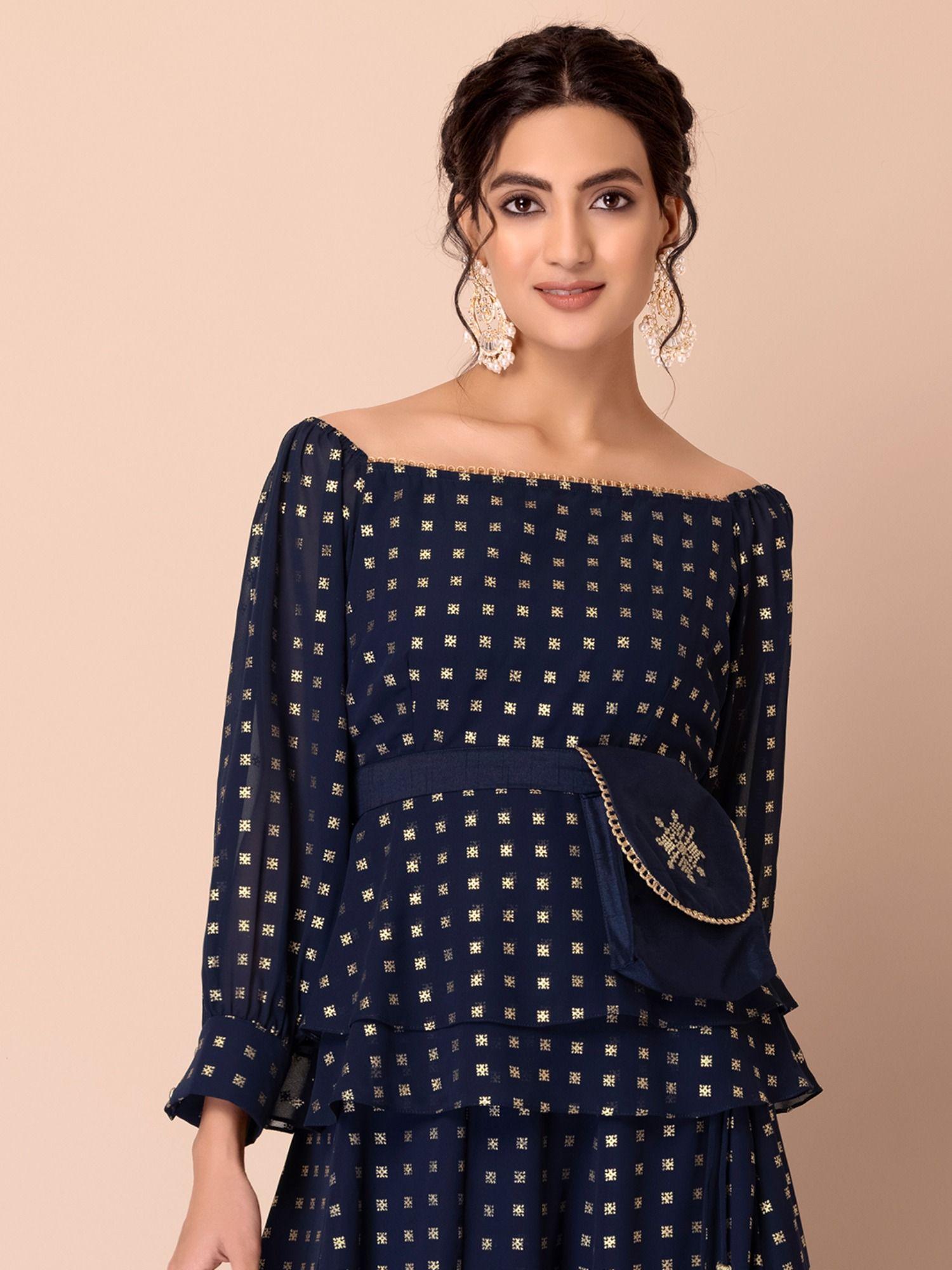 navy foil off shoulder top with fanny bag (set of 2)