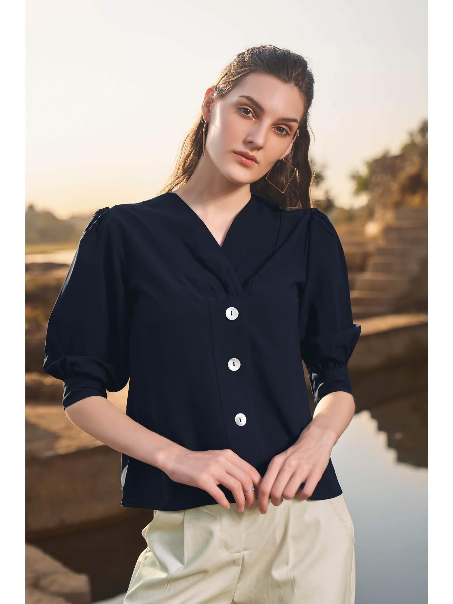 navy front button puff sleeve stylish top