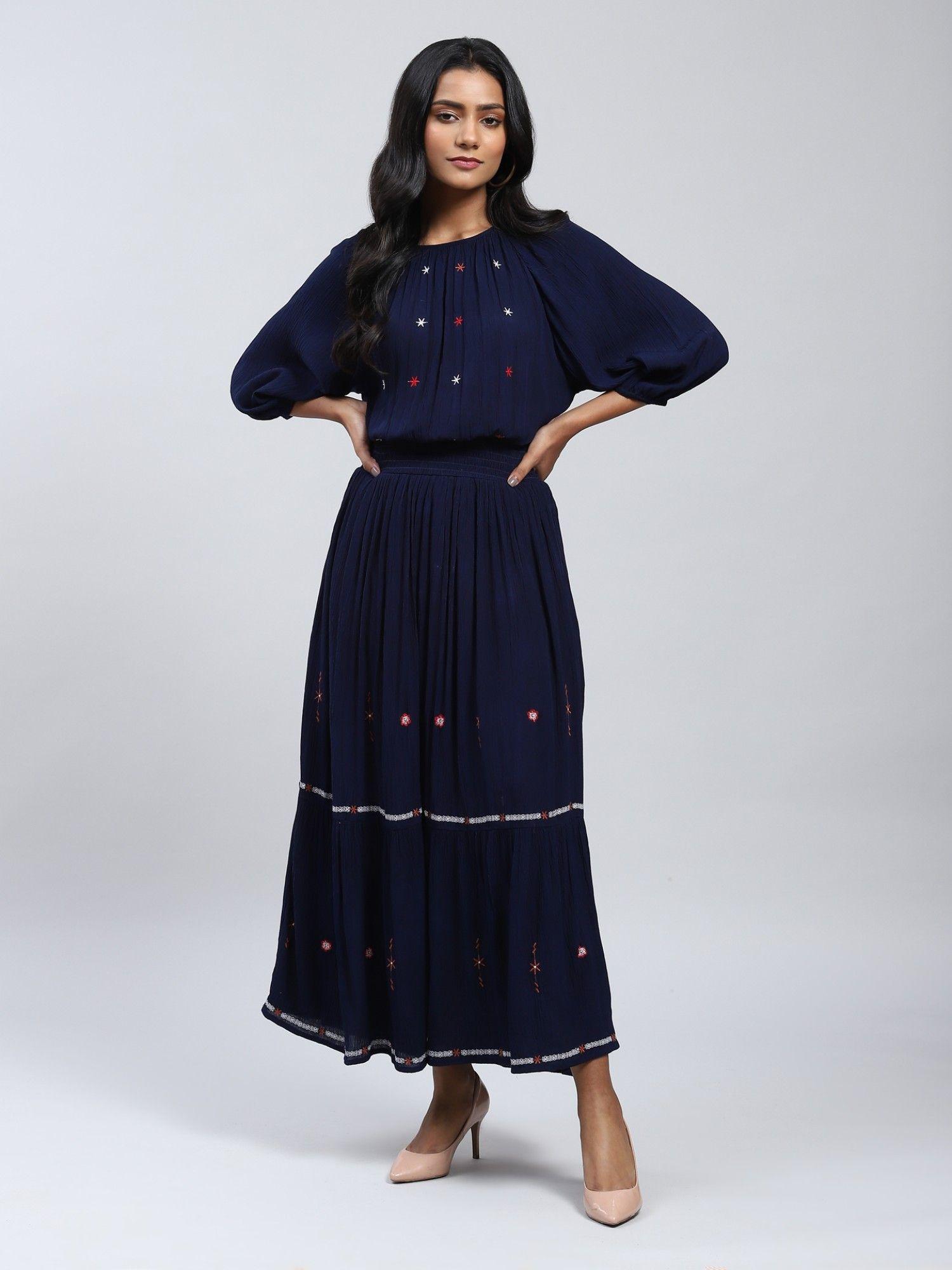 navy gathered long dress