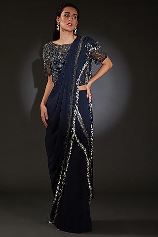 navy georgette embellished saree set