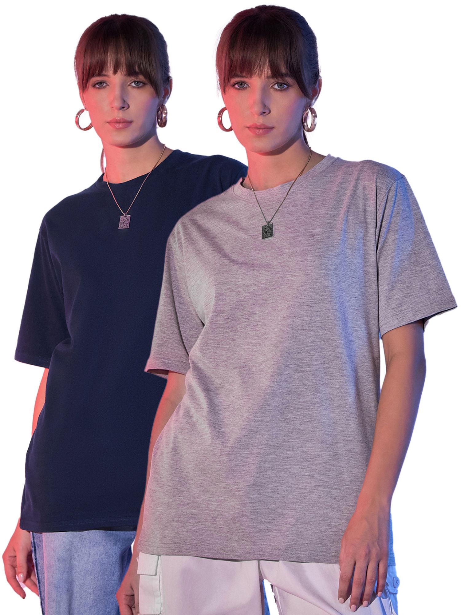 navy grey solid oversized women long t-shirt (pack of 2)