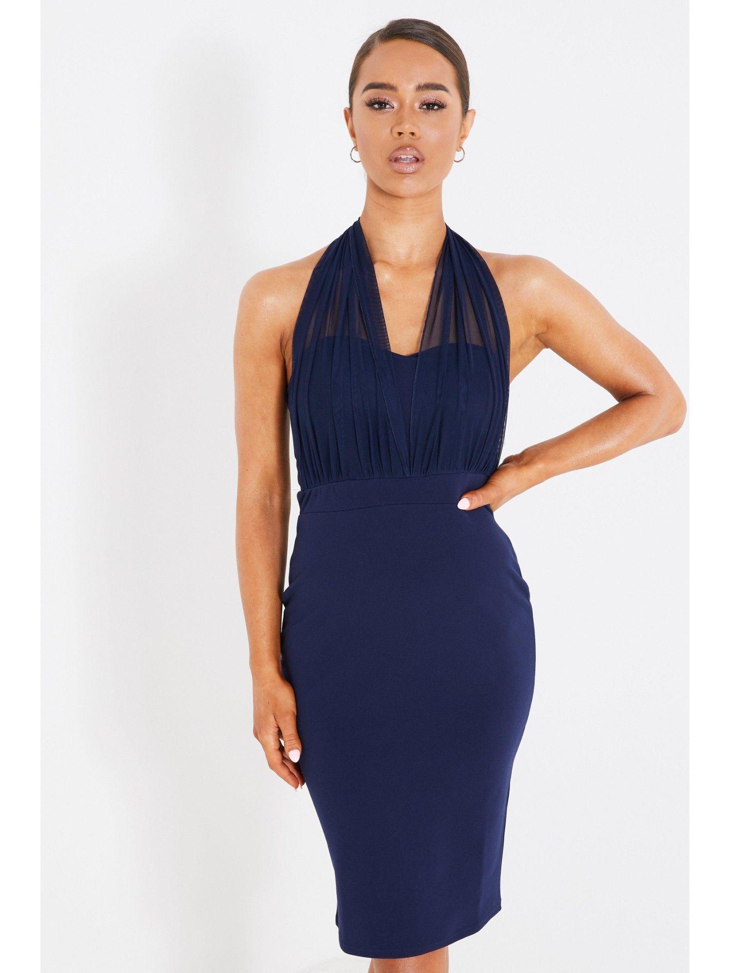 navy halter neck tie bodycon midi dress