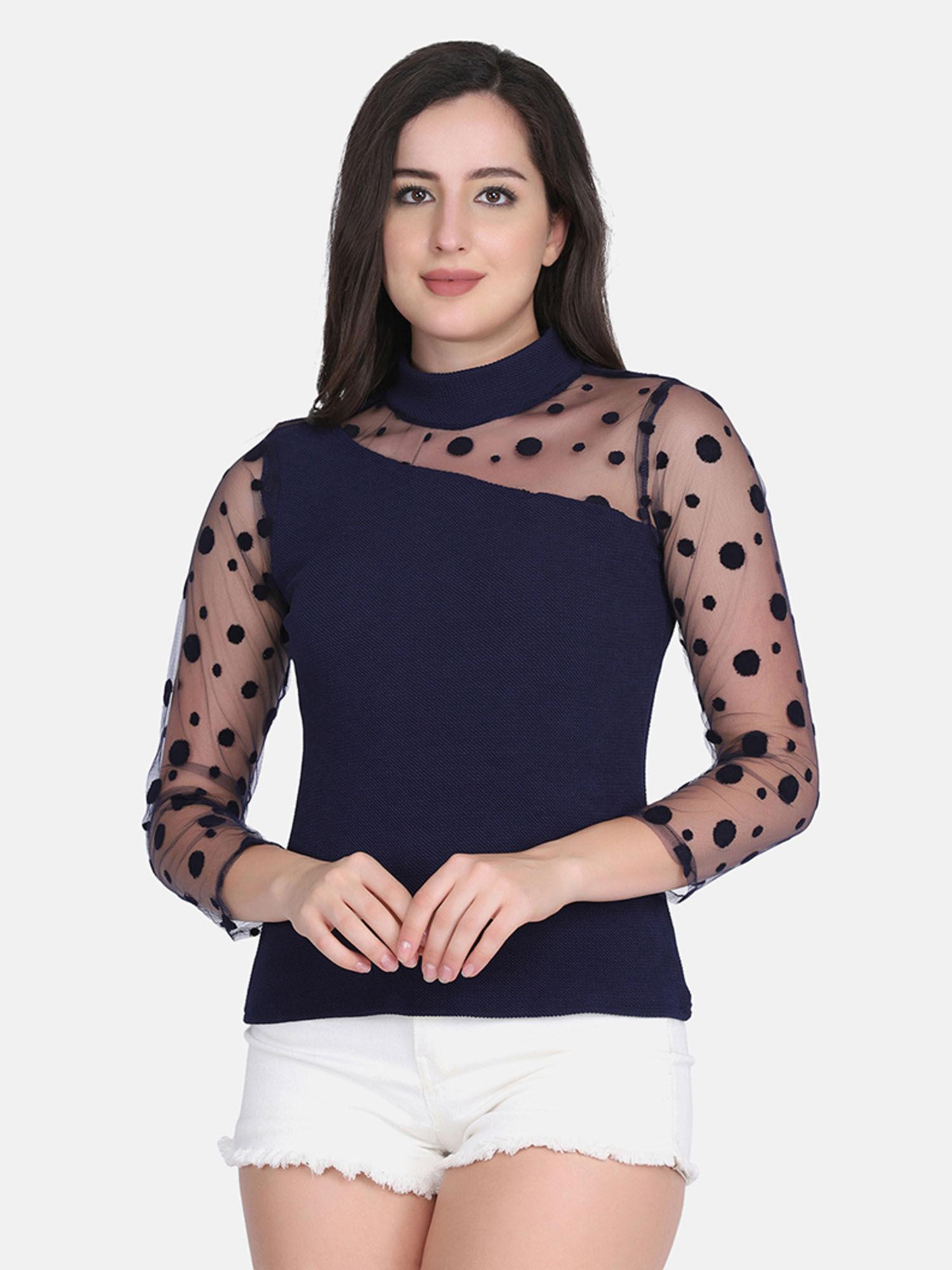 navy high neck polka dot women net top