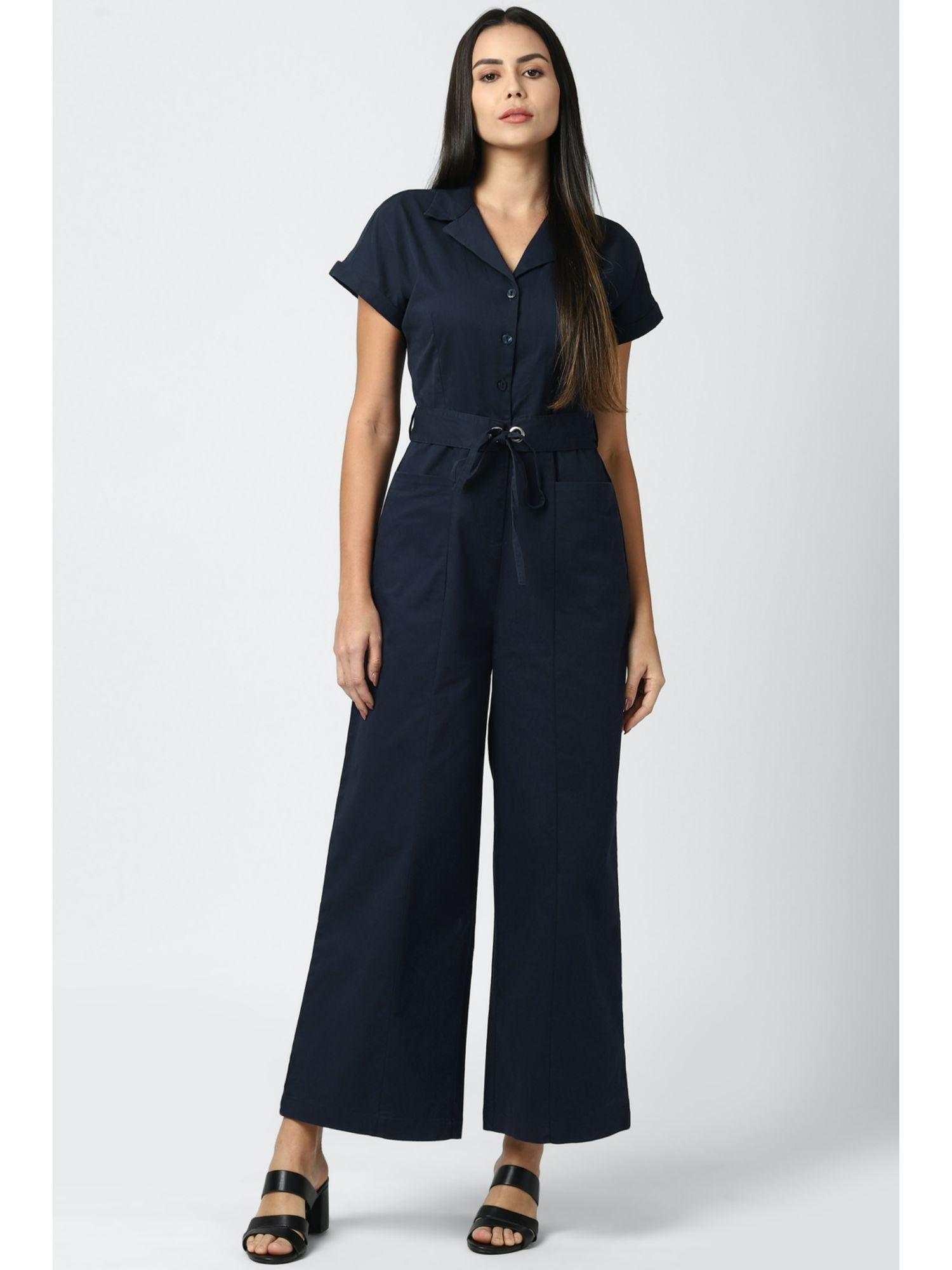 navy jumpsuit with belt solid-plain