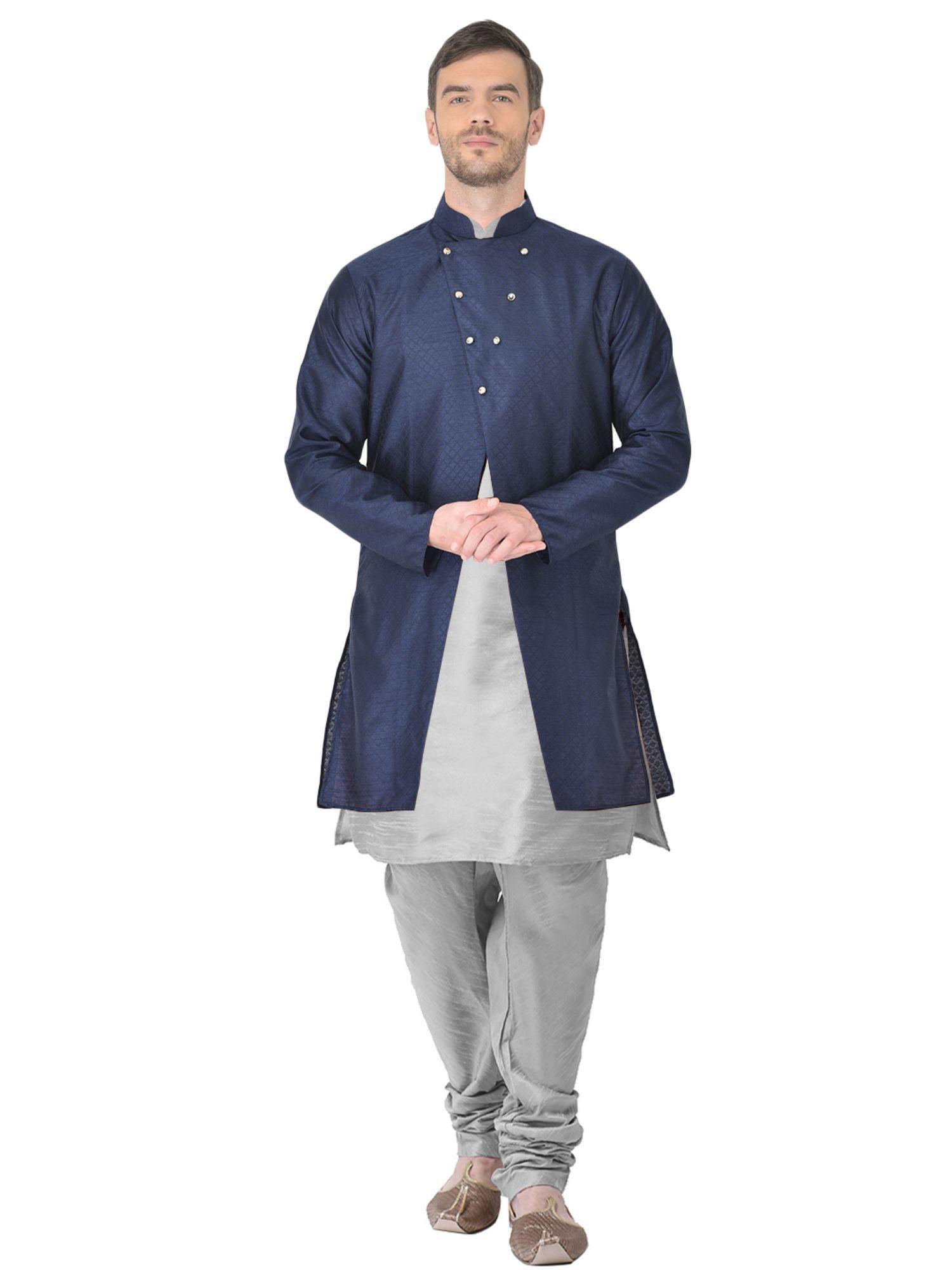 navy kurta set with jacket for men (set of 3)