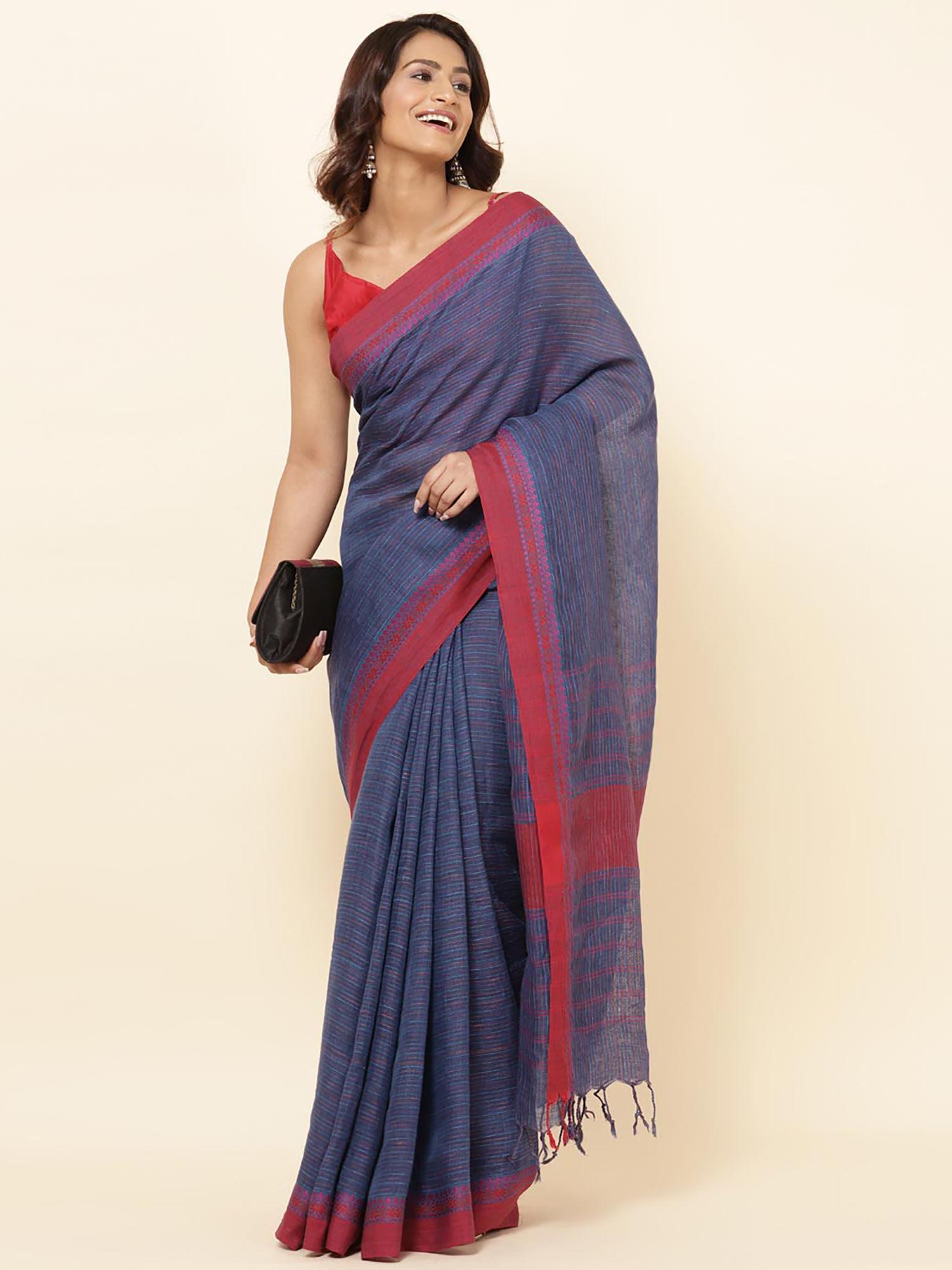 navy linen blend hand woven saree