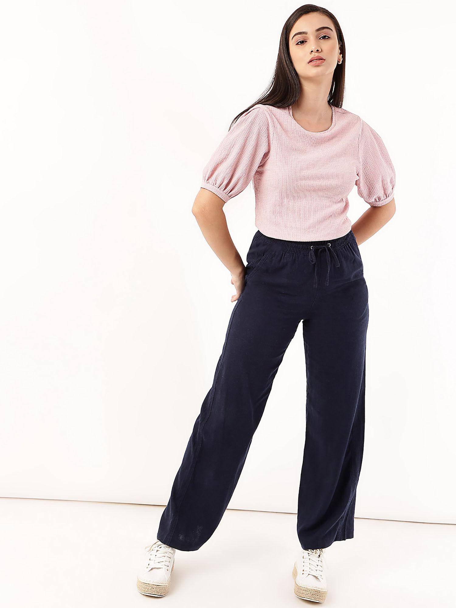 navy linen mix wide leg drawstring trousers