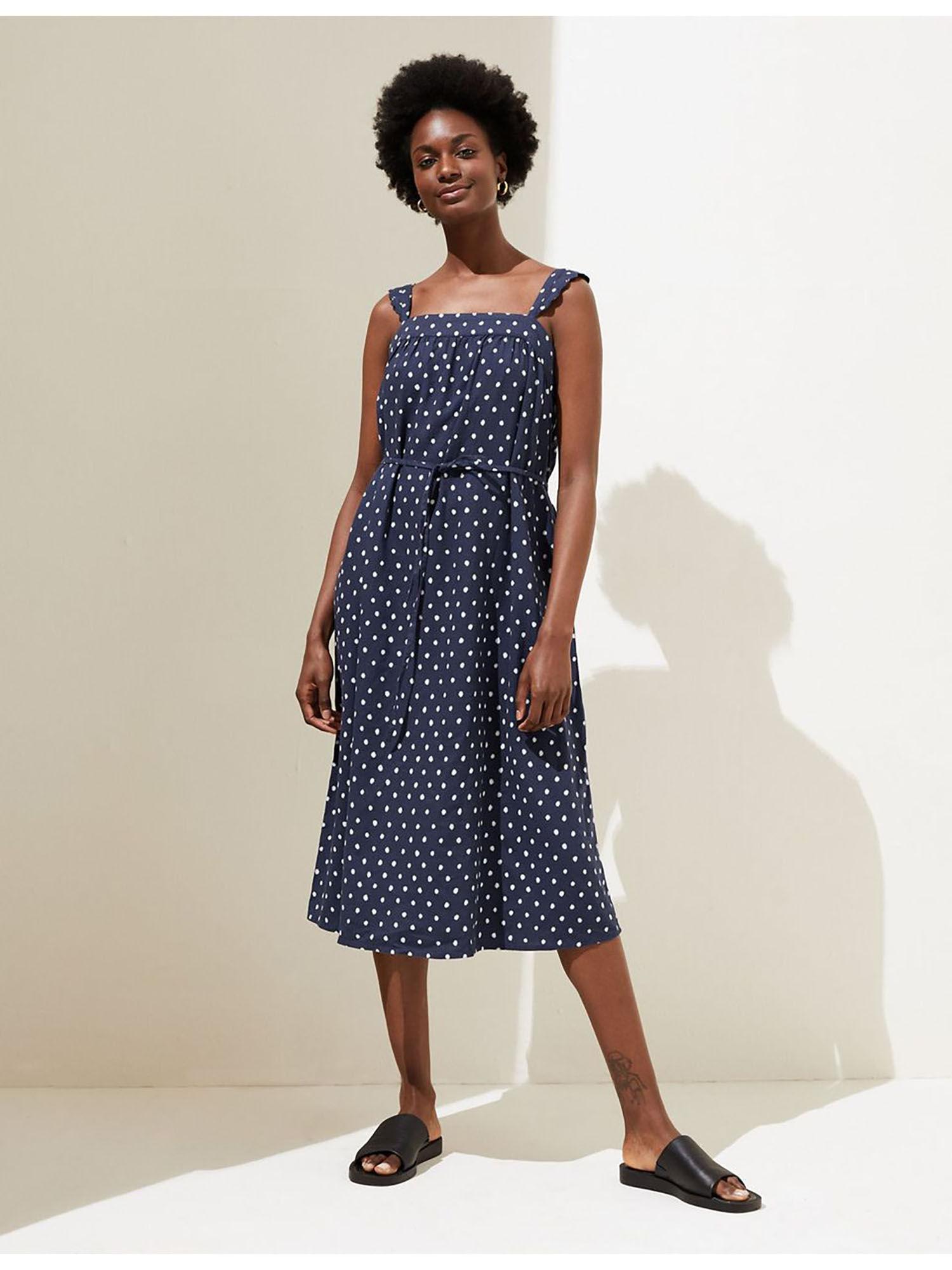 navy linen rich polka dot square neck midi dress (set of 2)