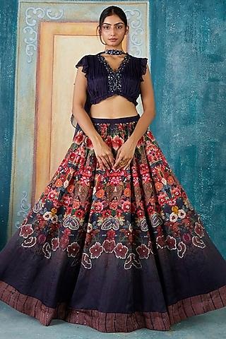 navy linen satin printed lehenga set