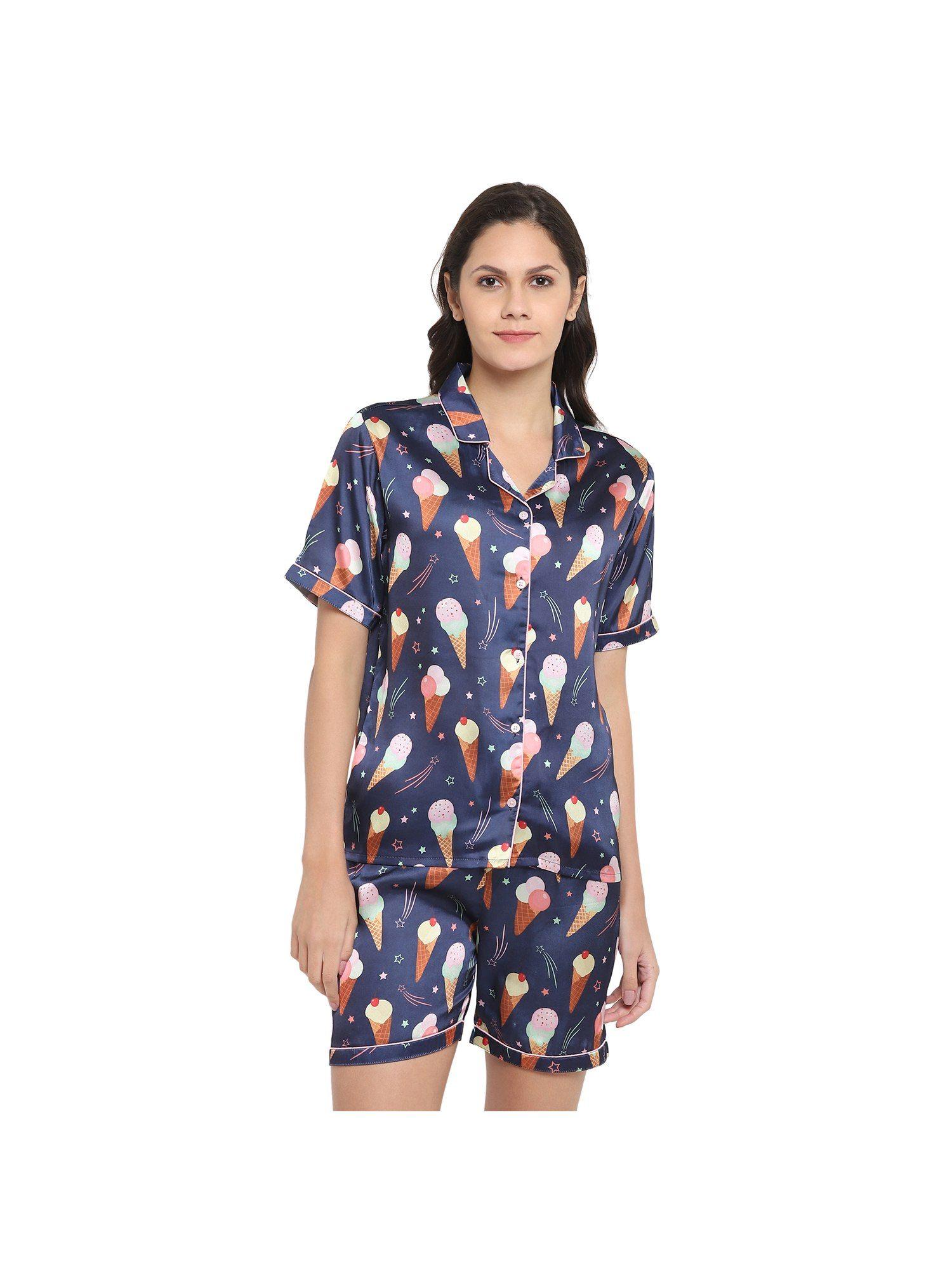 navy modal satin ice cream print shirt and shorts women's set |night wear