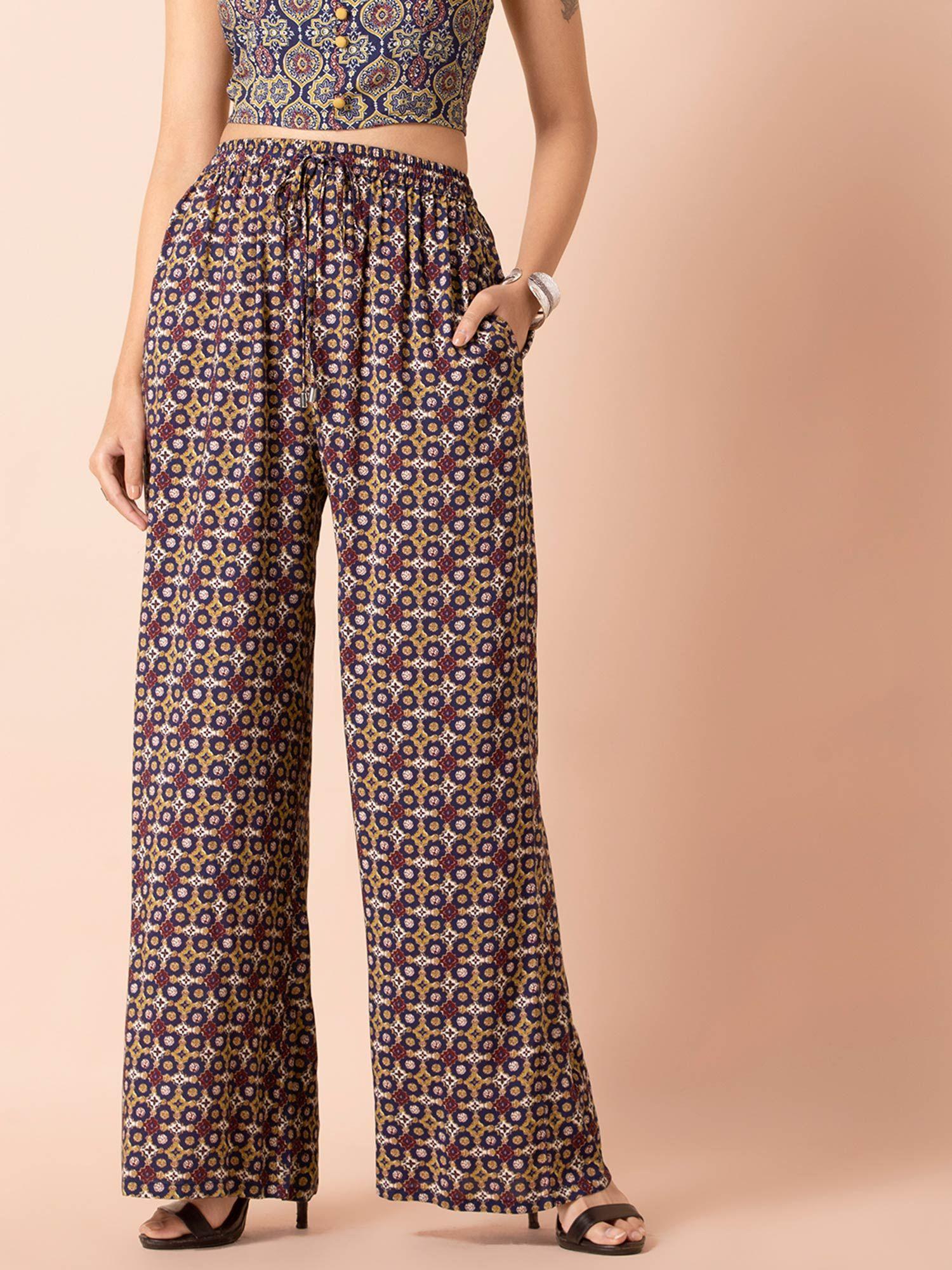 navy mustard geo print straight palazzo pants with pockets