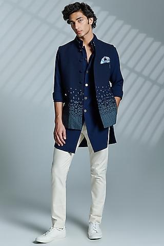 navy nylon & viscose printed bundi jacket