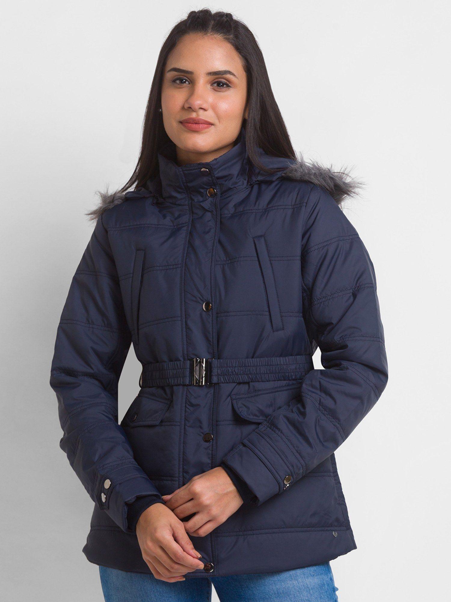 navy nylon full sleeve casual jacket for women