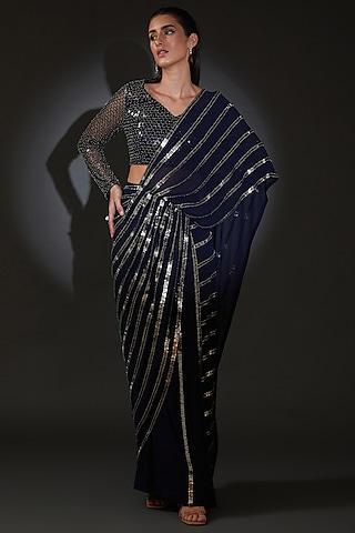 navy nylon georgette metallic bead embellished draped saree set