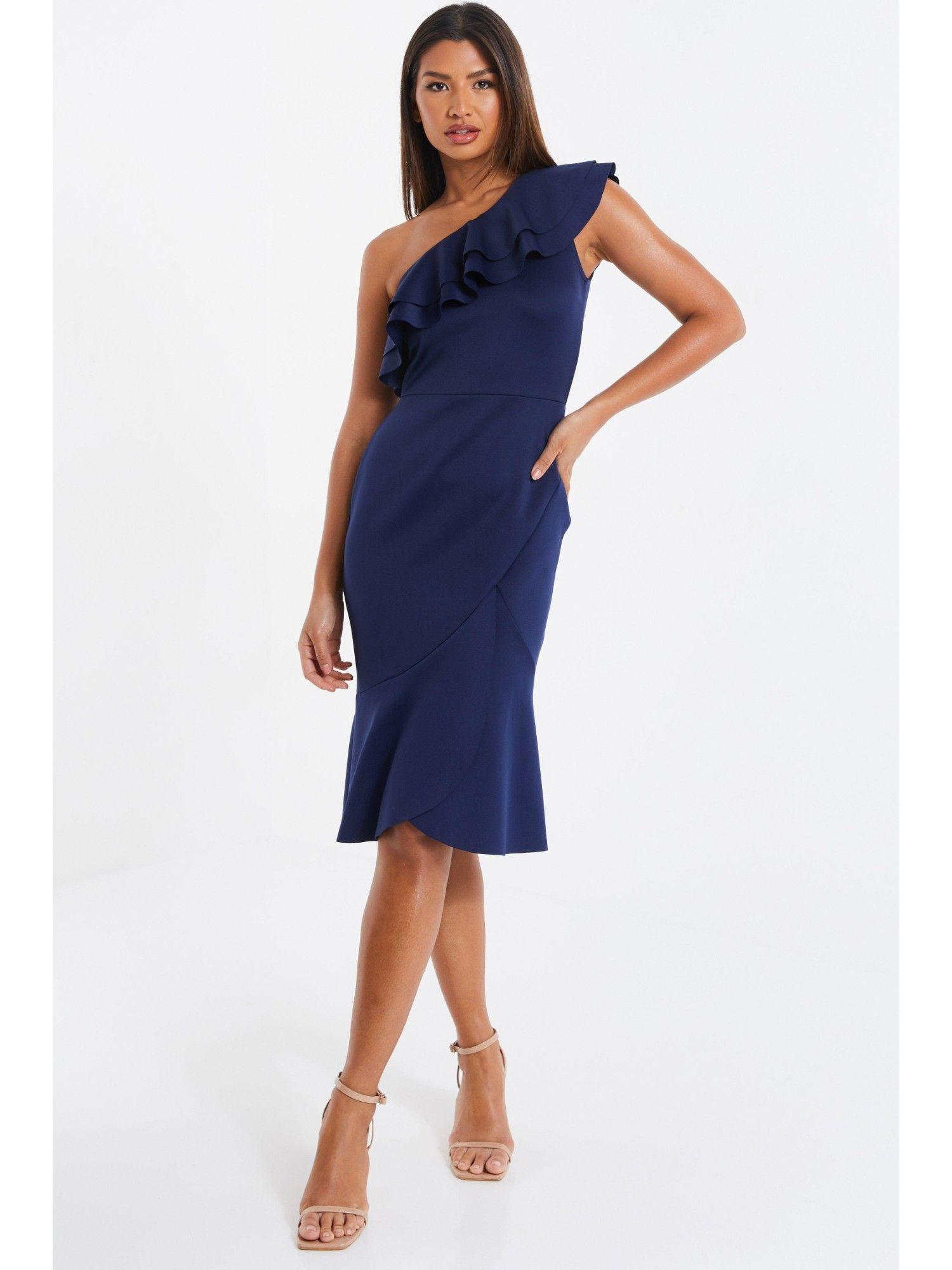 navy one shoulder frill bodycon midi dress