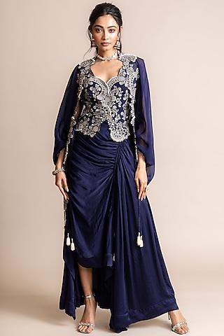navy organza hand embroidered cape set