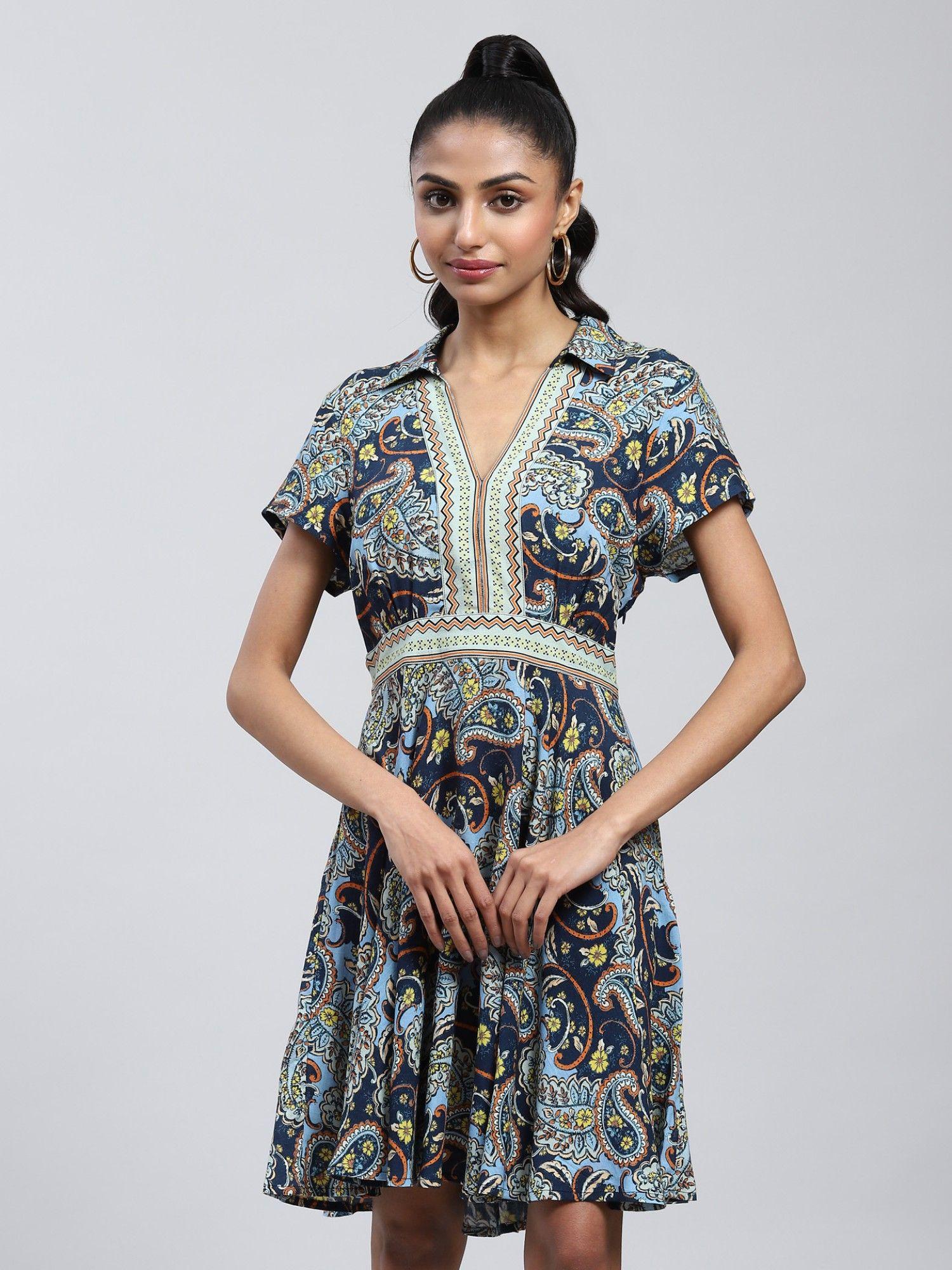 navy paisley print short dress