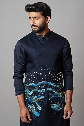 navy peony embroidered bundi jacket