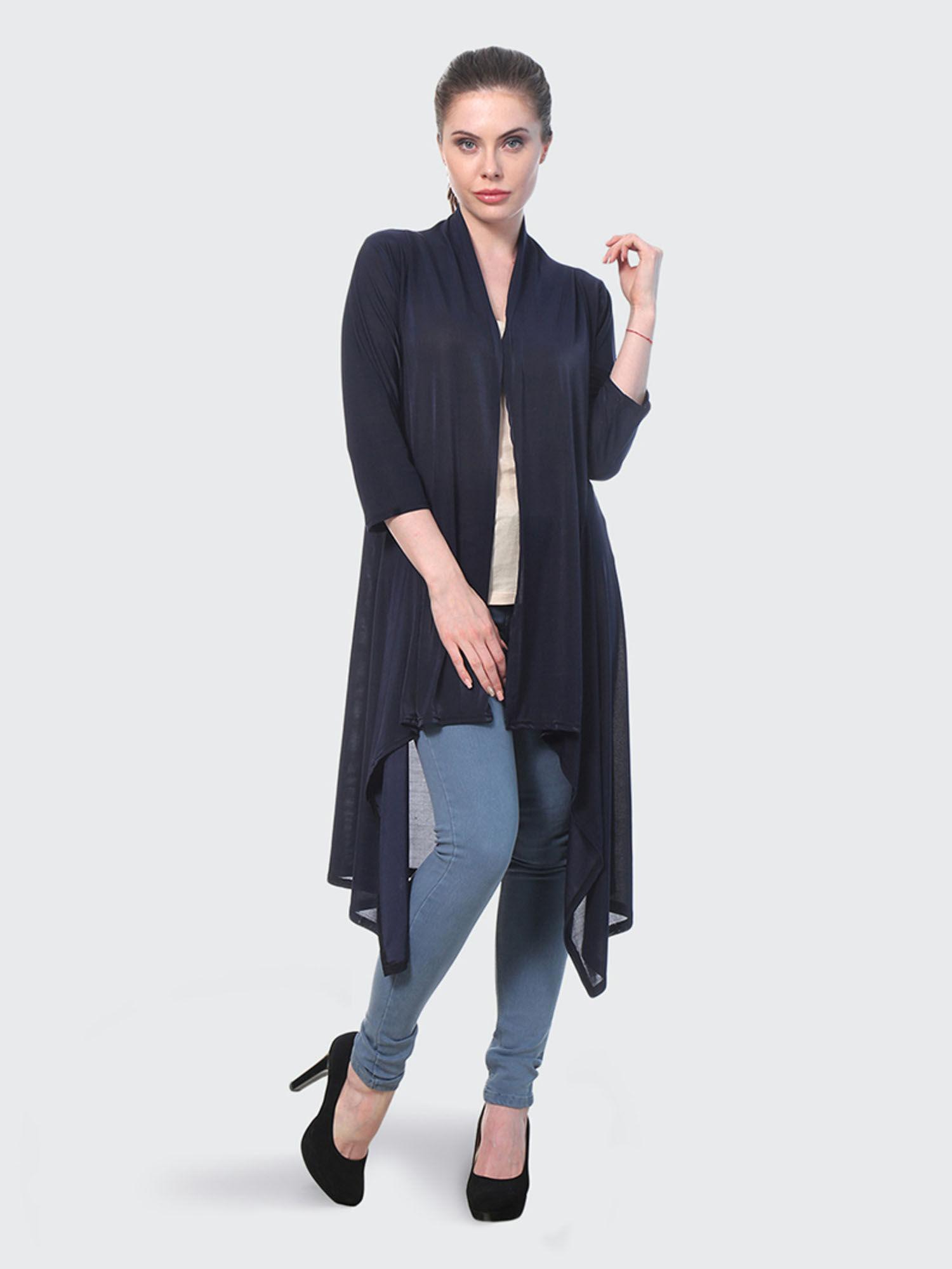 navy plain hosiery lycra long shrug for women