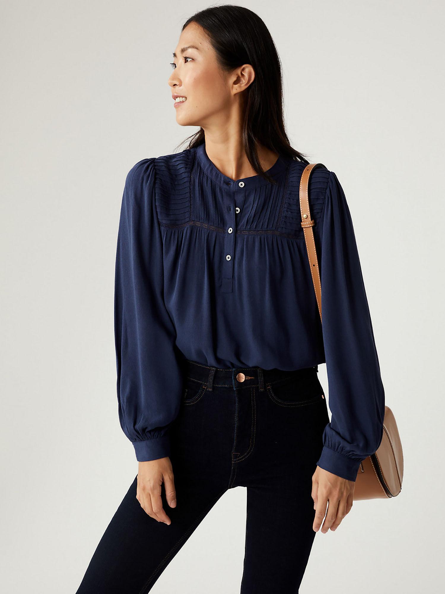 navy pleated popover blouse