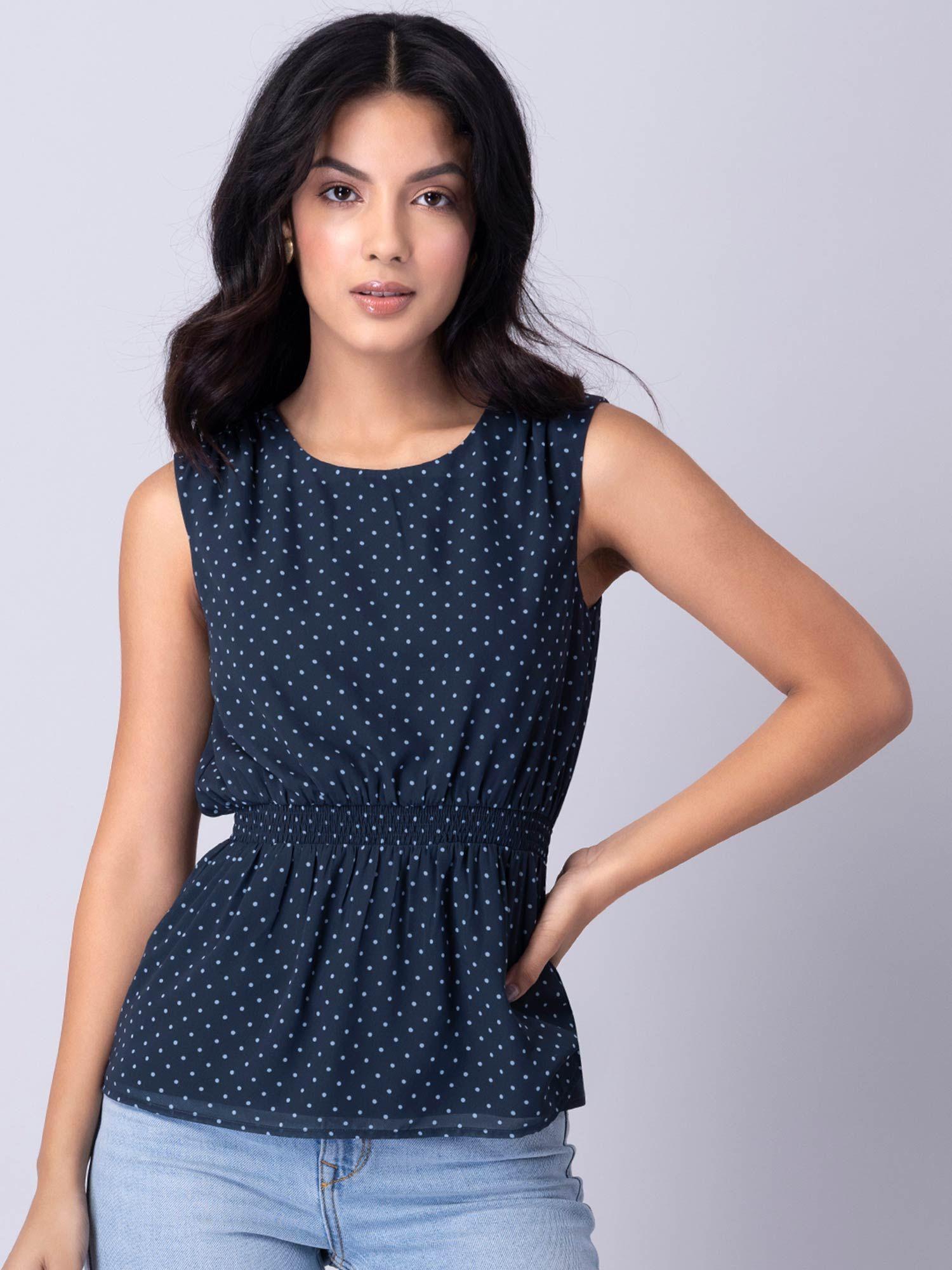 navy polka smocked waist peplum top