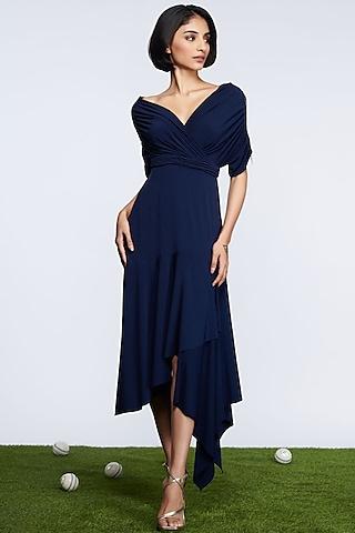 navy poly blend asymmetrical midi dress