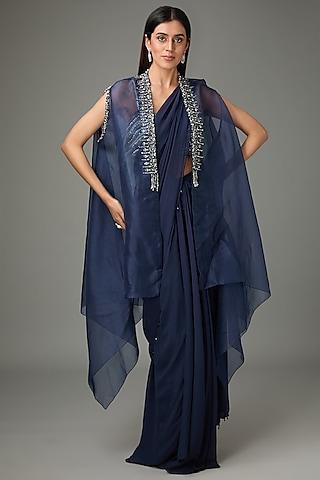 navy polyester silk pre-draped saree set