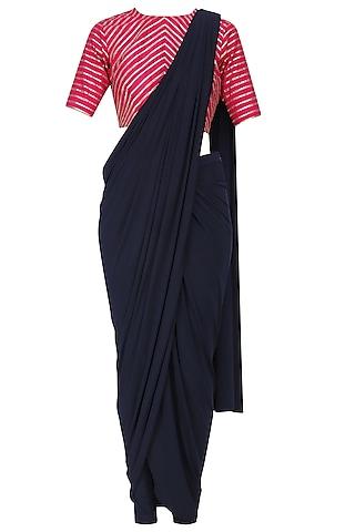 navy pre-stiched drape saree with pink gota work blouse