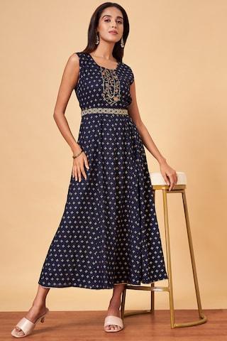 navy print ankle-length  casual women regular fit  dress