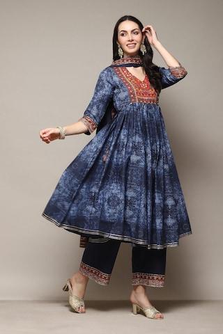 navy print casual 3/4th sleeves v neck women anarkali fit palazzo kurta dupatta set