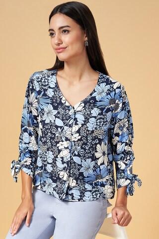 navy print casual 3/4th sleeves v neck women comfort fit  top