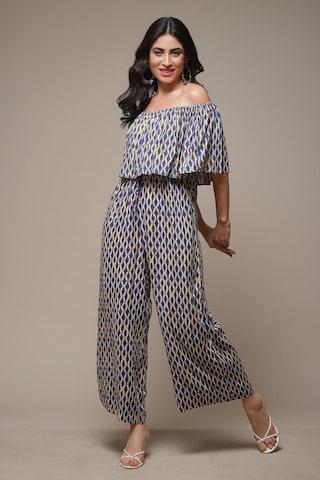 navy print casual ankle-length half sleeves women straight fit jumpsuit