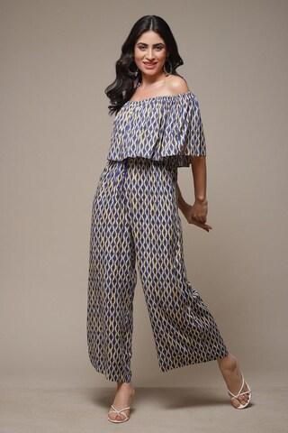 navy print casual ankle-length half sleeves women straight fit jumpsuit